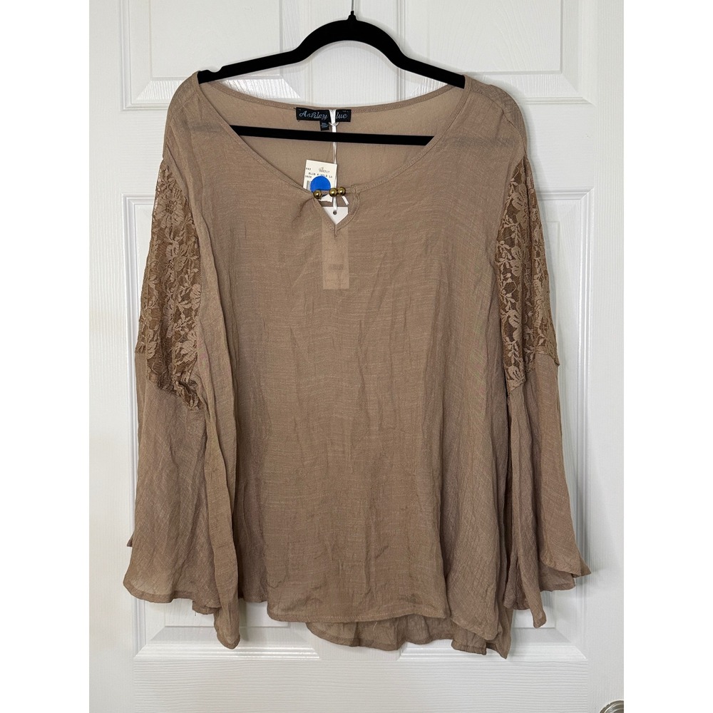 Ashley Blue Blouse Women 3XL Mocha Brown NWT Lace Bell Sleeve Keyhole Boho Top